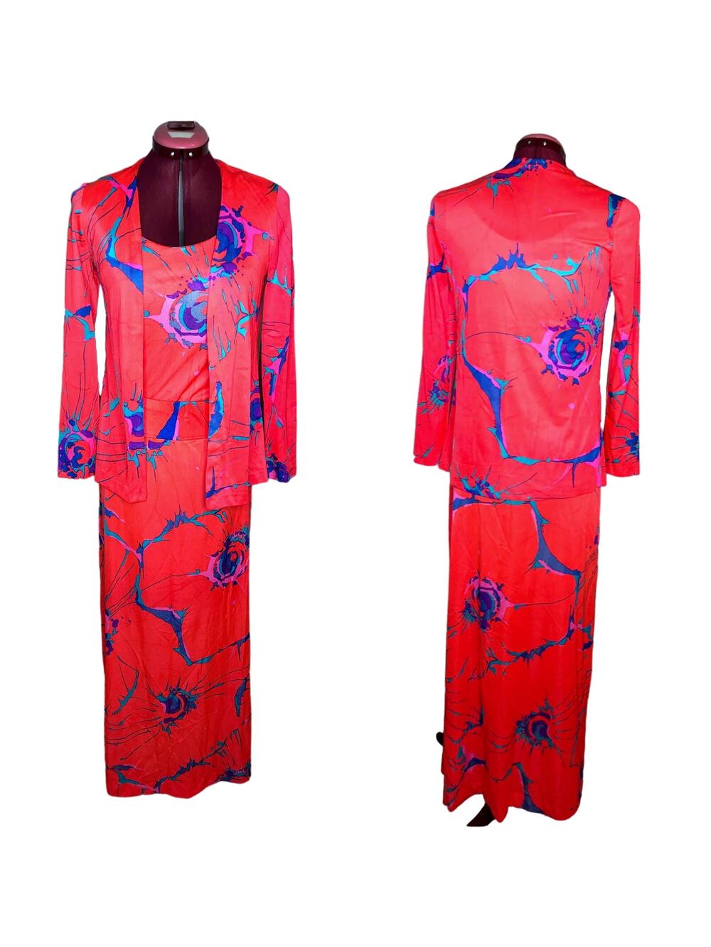 tank jacket maxi skirt set groovy nylon pink blue 1970s
